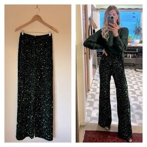 ✨ Custom Handmade EMERALD GREEN Sequin Velvet Velour Wide Leg Palazzo Pants